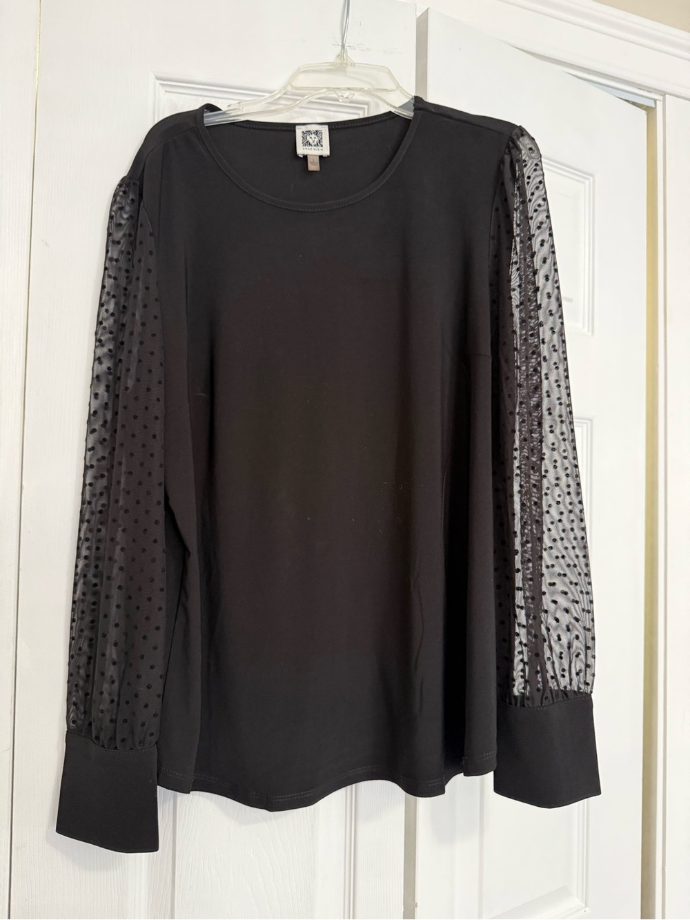 Anne Klein Black Long Sleeve Top with Sheer Polka Dot Sleeves